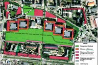 Rozwinięcie koncepcji zagospodarowania wynikającej z diagnozy sytuacji na osiedlu. Widoczne (kolor szary) parkingi podziemne oraz obszary, które miałyby być poddane rewitalizacji poprzez obniżenie zabudowy i zamknięcie kwadratu zabudowy (oczywiście jako rozwiązanie możliwe za wiele lat, po śmierci technicznej obecnych bloków). Koncepcja powstała w wyniku współdziałania Zarządu Osiedla Huby oraz TUMW.